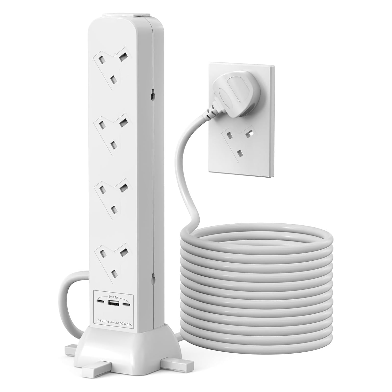 Tower Extension Lead 4m, 8 Way Socket Surge Protector with USC Ports Power Strip Multi Plug 3120W Safety Shutter for TV PC Laptops Tablets