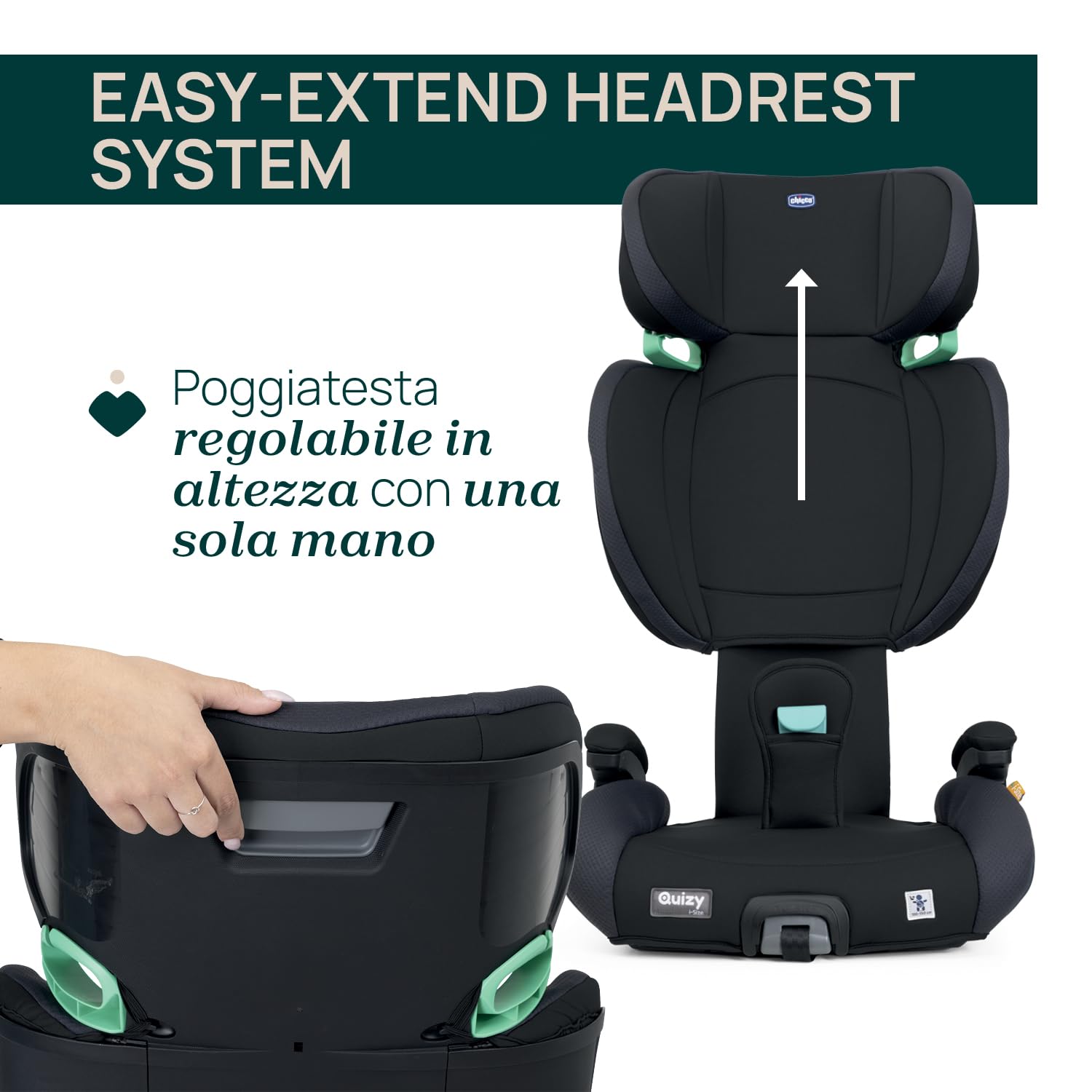 Chicco Quizy i-Size, Seggiolino Auto Bambini 3-12 Anni (100-150 cm), Facile da Installare con Sistema Isofix, Reclinabile, Regolabile in Altezza, con Braccioli Imbottiti e Seduta Confortevole, Nero