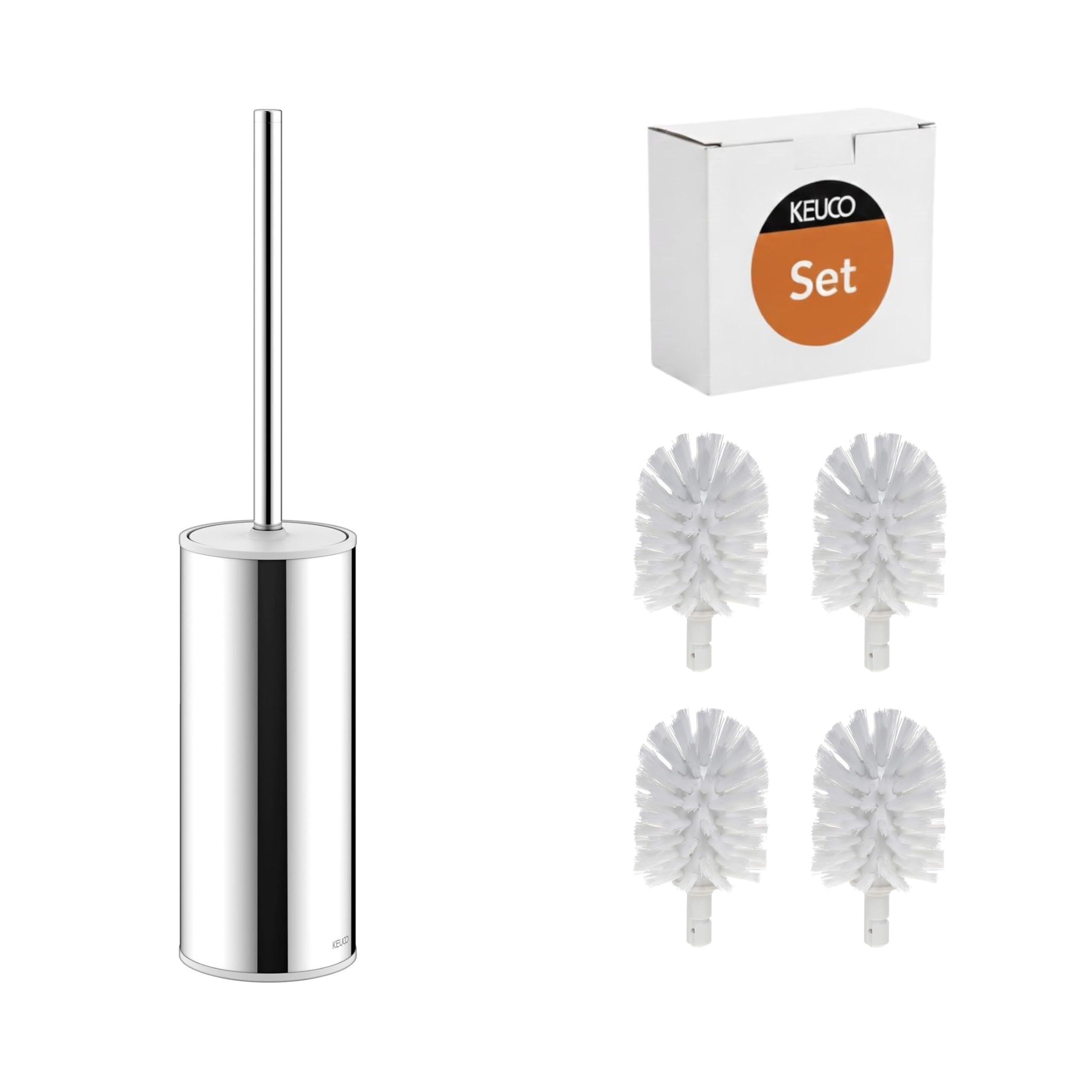 KEUCO Moll Set aus WC-Bürstengarnitur & 4 Bürstenköpfen, Standmodell, Chrom | Bürstengarnitur mit Metallgehäuse und Bürste, Ersatzköpfe weiß, Bürstenhalter mit Klobürste