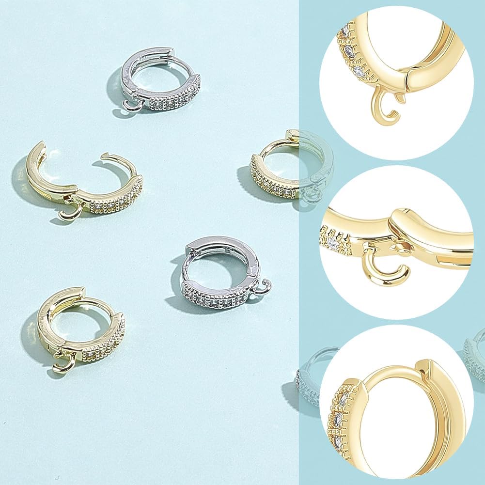 Beebeecraft 16Pcs 2 Colors Round Leverback Earring Hooks 18K Gold & Platinum Plated Cubic Zirconia Earring Findings Round Leverback Earwire Clasp for Jewelry Making Dangle Supplies Kits