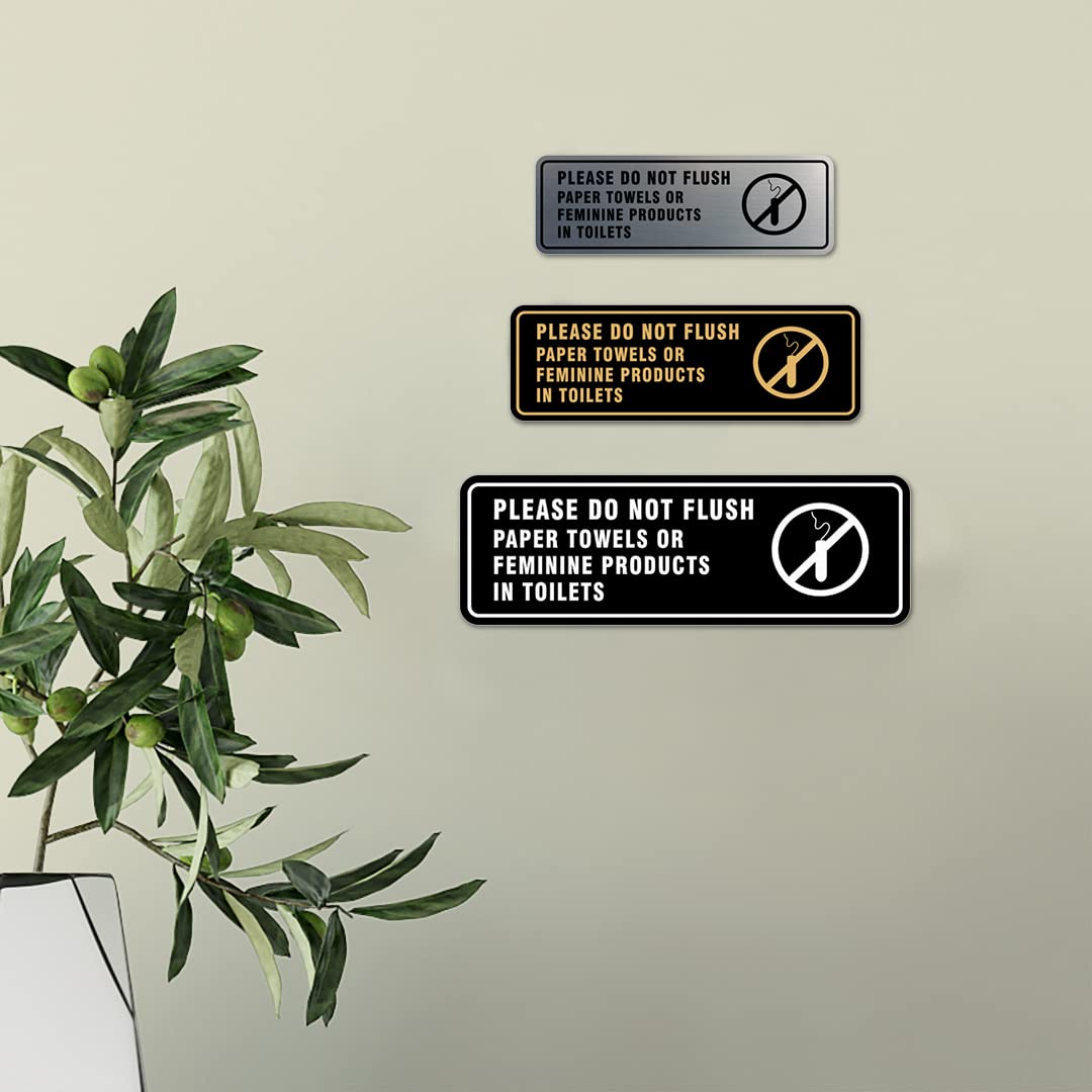 All Quality Cartel estándar para puerta o pared con texto en inglés "Please Do Not Flush Paper Towels or Feminine Products in Toilets" - Material duradero | Cinta de espuma de doble cara | Negro/Plata
