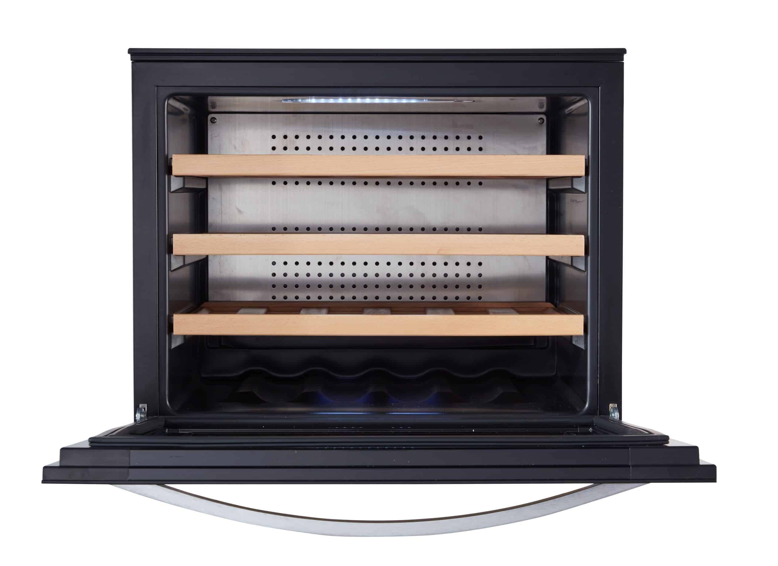 LV22 Einbau-Weinkühlschrank - Einbau-Weinklimaschrank mit 2 Zonen - Vollglas-Designtür, 22 Flaschen, 41 dB, 60 cm breit und 3 ausziehbare Schubladen aus Buchenholz