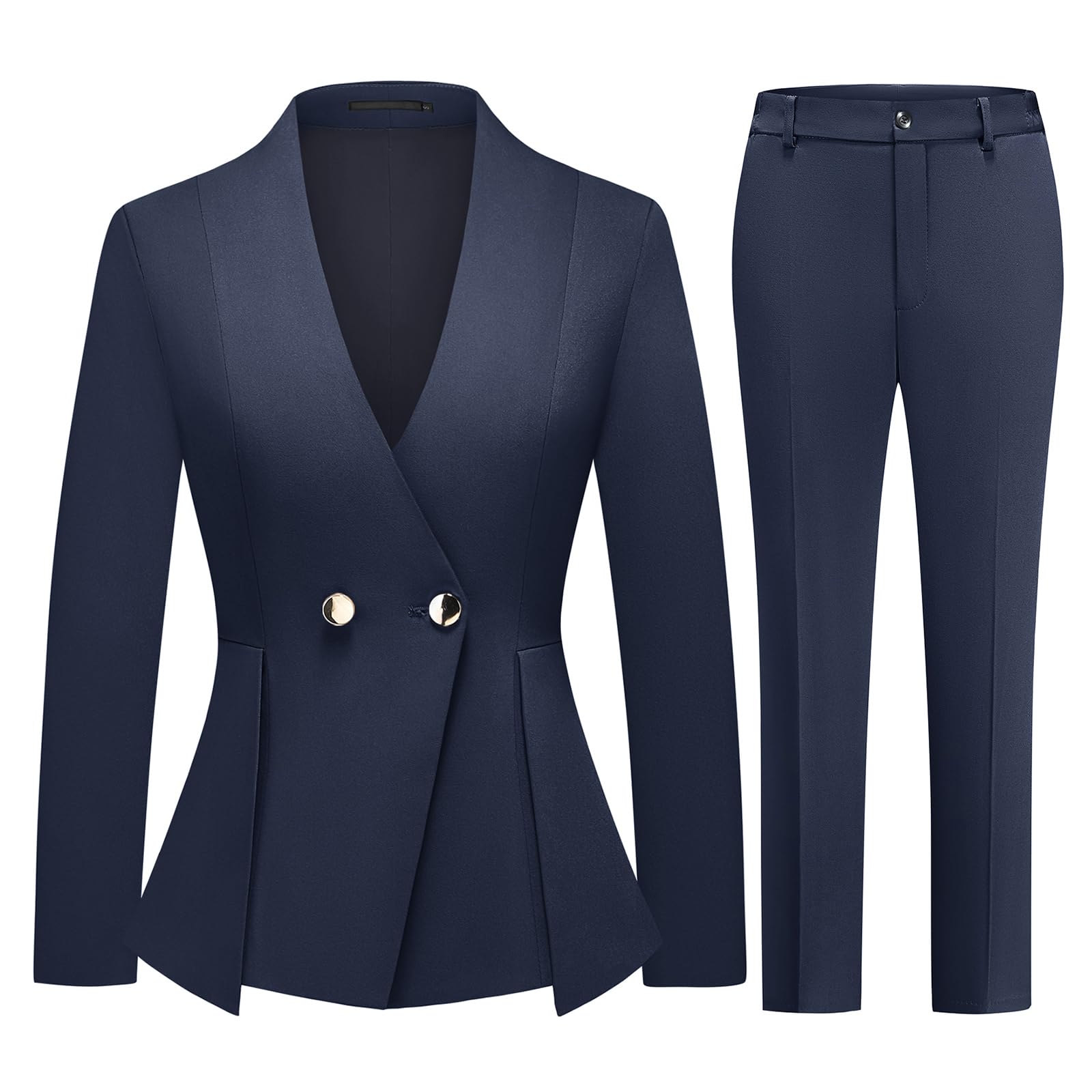 Womens 2 Piece Outfits Two Buttons Business V Neck Blazer Casual Long Sleeve Pants Suits Work Sets