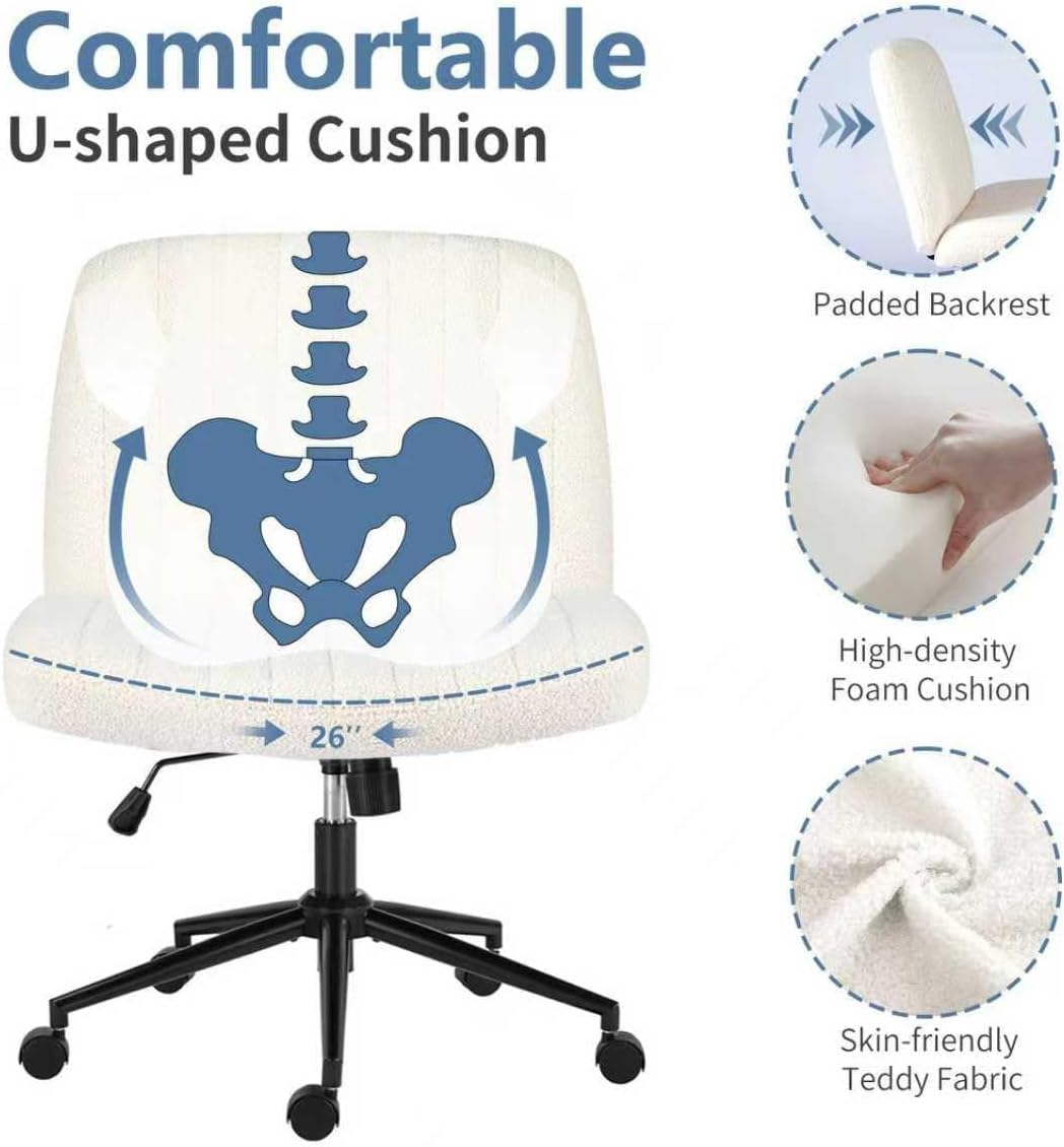 Criss Cross Chair with Wheels, Ergonomic Armless Swivel Comfy Vanity Seat, Wide Back Support and Adjustable Height for Home Office Bedroom Computer Gaming Makeup, Beige Velvet