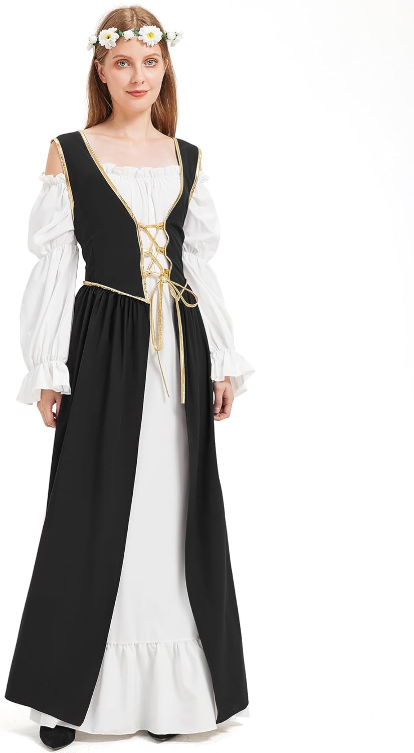 Renaissance Costume Women Medieval Dress Long Sleeve Black Red Green Chemise Overdress Wreath Halloween Cosplay Party