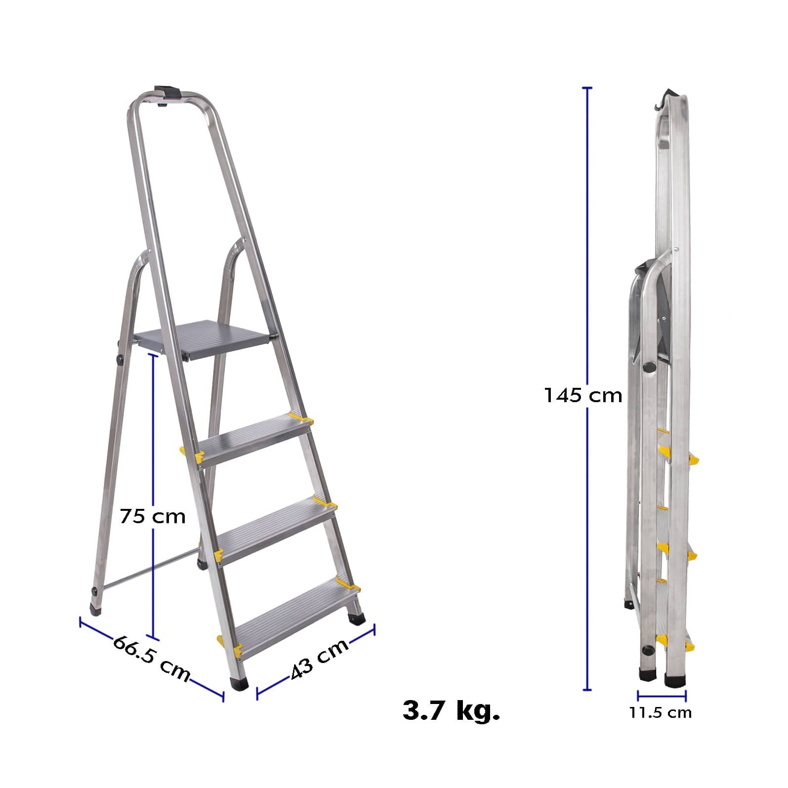 4-stopniowa składana drabina DURA, lekki aluminiowy podnóżek, wysokość platformy 75 cm, antypoślizgowe nóżki, obciążenie 150 kg, 5 lat Hoström
