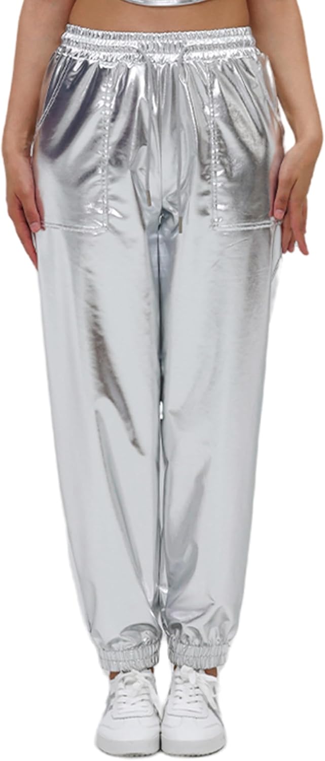 Womens Drawstring Cargo High Waist Jogger Pants Sexy Metallic Sparkly Wide Leg Pants Trousers Clubwear - Image 2
