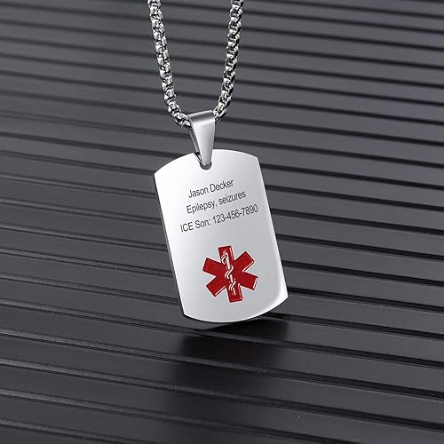 Miniatura 6 de Collar de alerta médica personalizada de acero inoxidable para hombres y mujeres, etiqueta de identificación médica de emergencia grabada para él y