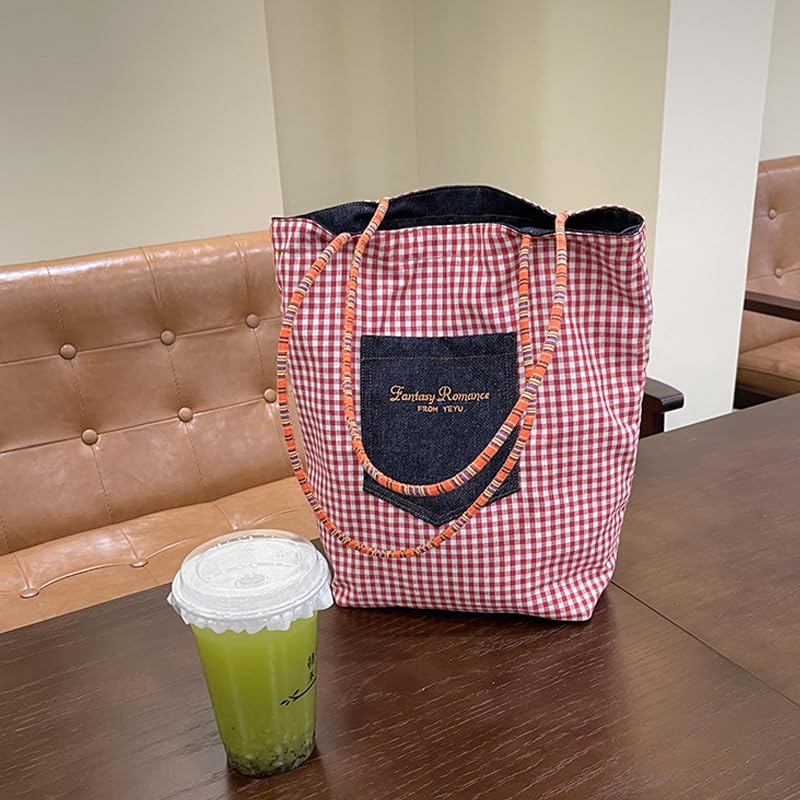 Plaid Shoulder Bag for Women - Spacious Lightweight Tote Crossbody Purse (Red)