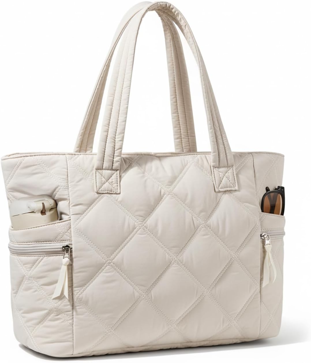Prite Quilted Tote Bag for Women, Lightweight Puffer Tote with Zipper, Travel Work Nurse Gym Bag(Beige)