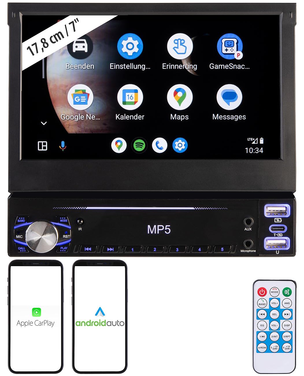 1 DIN Radio Carplay: 1-DIN-Autoradio mit Apple CarPlay, Android Auto, 17,8-cm-Display, MP5 (1 Radio Apple, Autoradio mit Navi, Kamera)