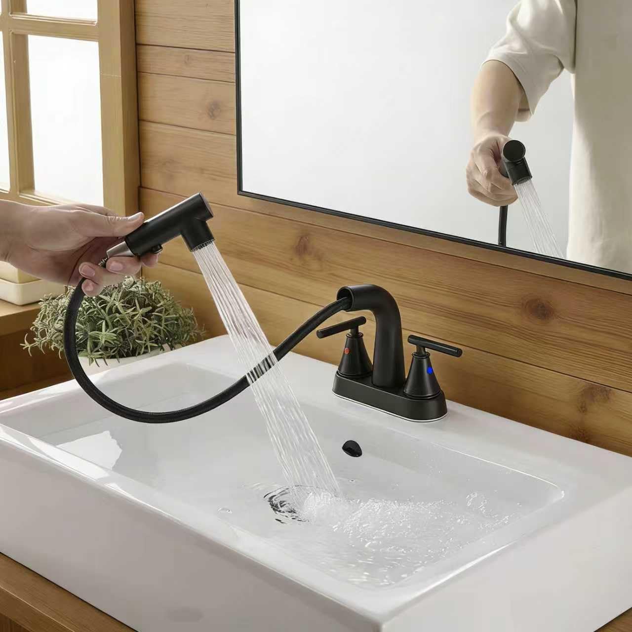 FRANSITON Bathroom Faucets with Pull Out Sprayer, 4 Inch Black Bathroom Faucet 3-Hole, 2 Handle Pull Down Sprayer Bathroom Sink Faucet with 360 Swivel Spout, Metal Pop-Up Drain