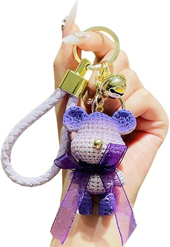 HSYHERE Men Women Boy Girl Cute Gradient Fashionable Bowknot Wool Bear Keychain Christmas Gift Bag Pendant Key Ring