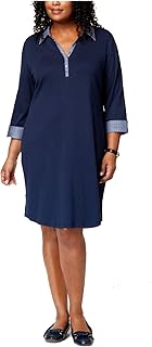 Plus Size 3/4-Sleeve Contrast Shirtdress Intrepid Blue (0X) - Buy now