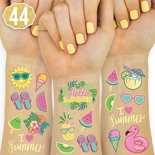 xo, Fetti Tatuajes temporales de fiesta en la piscina de verano para niños, estilos de purpurina Suministros para fiesta de cumpleaños, recuerdos