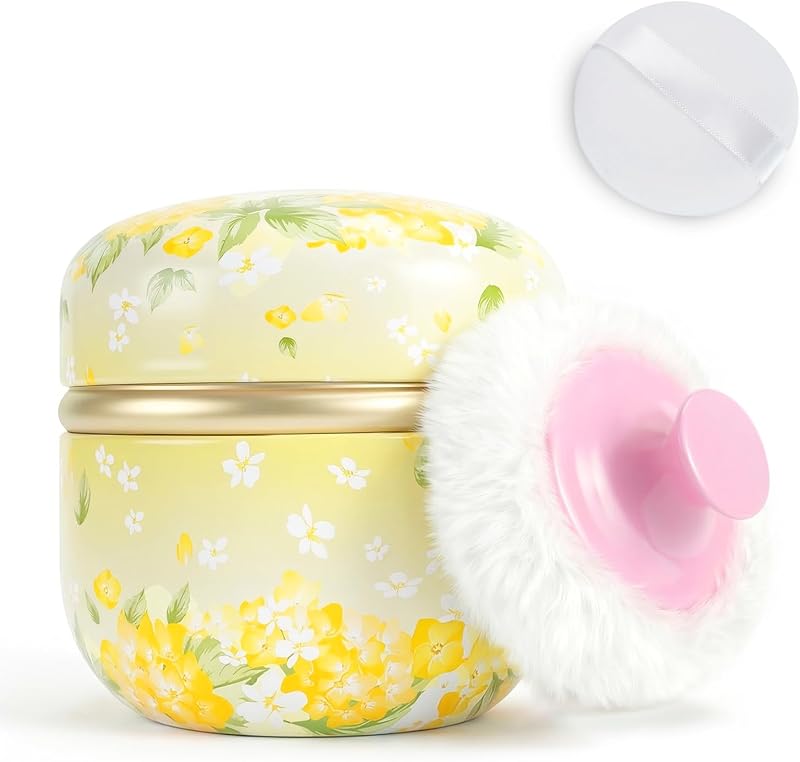 SHIMIDO Recipiente portátil vazio para pó corporal com 2 puffs, tampa e alça, estampa Yellow flower