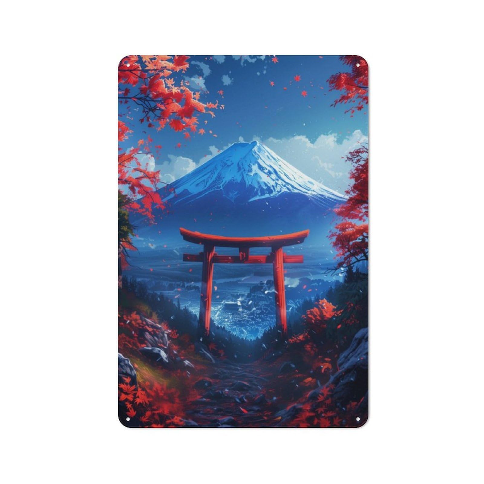 Junmoney Torii Gate Fuji Mount Retro Tin Wall Plaque 30X20cm For Studio Or Craft Room, Winter Wall Decor For Creative-Space Collectors