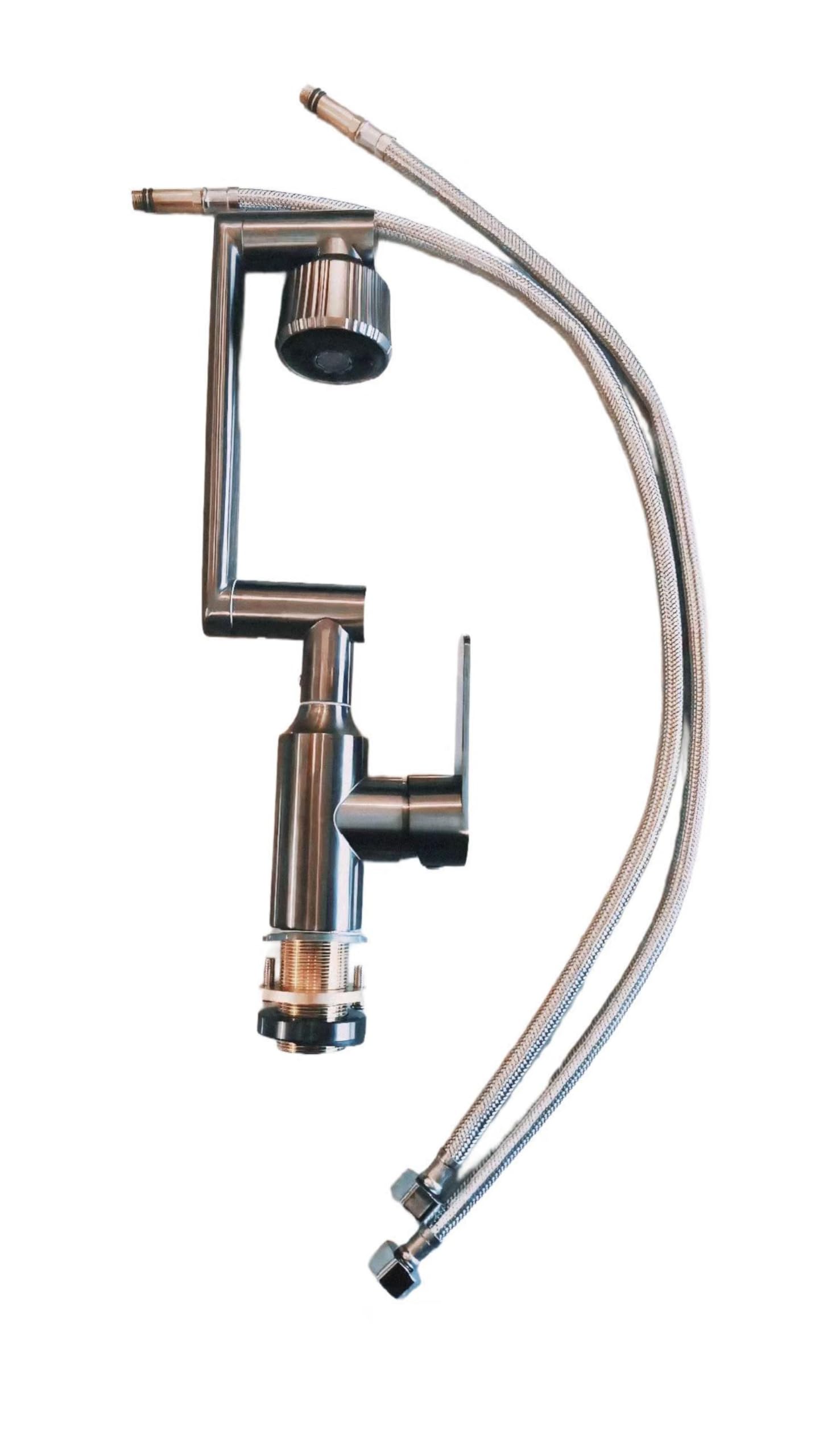 027 Rubinetto girevole per lavabo, monocomando, placcatura in acqua spazzolata, acciaio inossidabile, tonalità grigio, lunghezza tubo di ingresso/uscita 70 cm