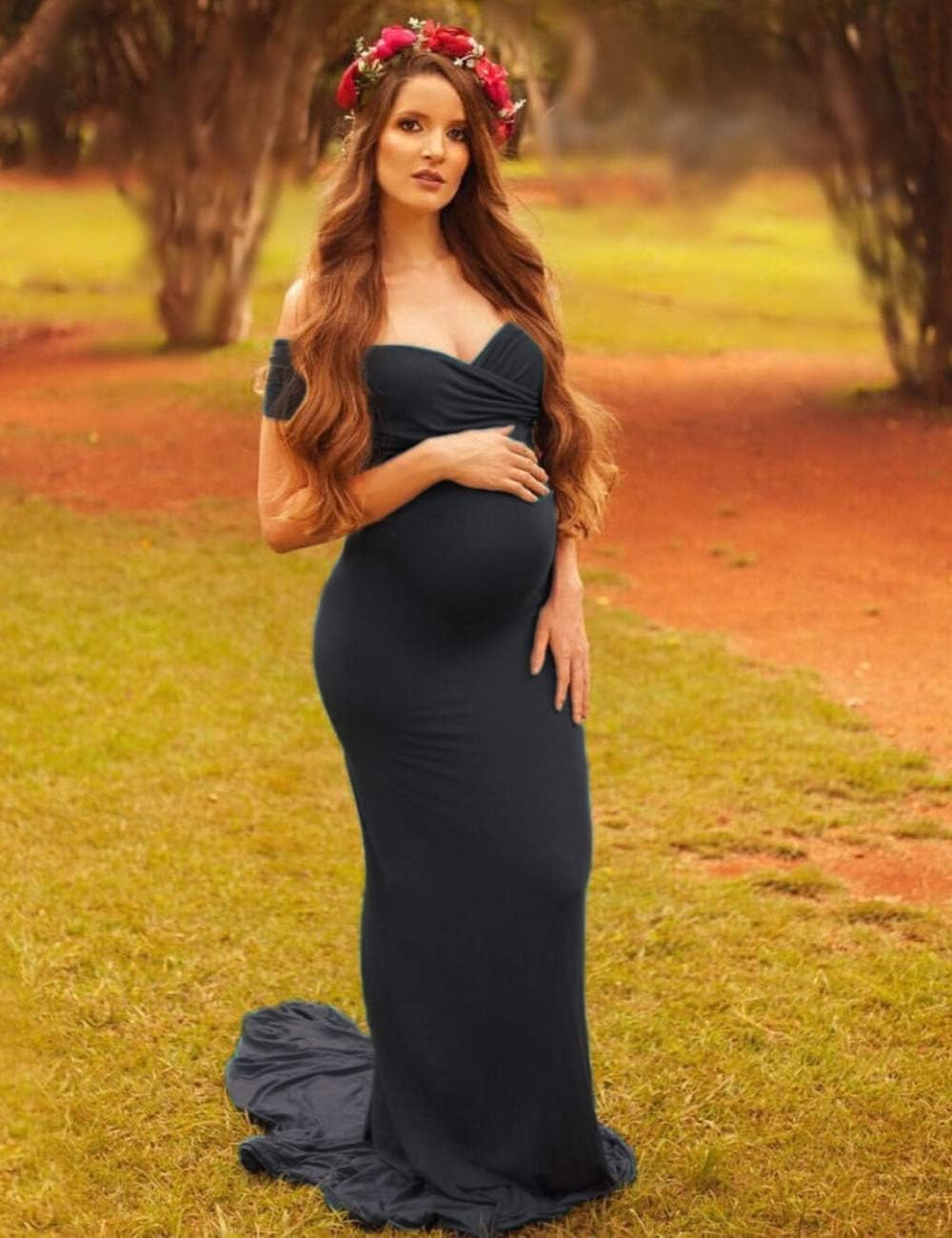 JustVH Maternity Elegant Fitted Maternity Gown Short Sleeve Cross-Front V Neck Slim Fit Maxi Photography Dress for Photoshoot