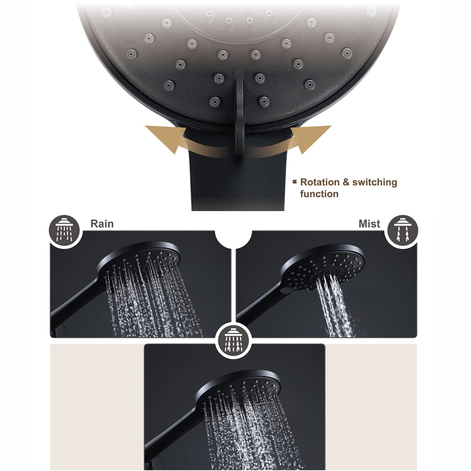 Alcachofa de Ducha Negro Cabezal de Ducha Universal ABS Alta Presión Ducha de Mano con Latón Soporte, 1.5M PVC Tubo Flexible