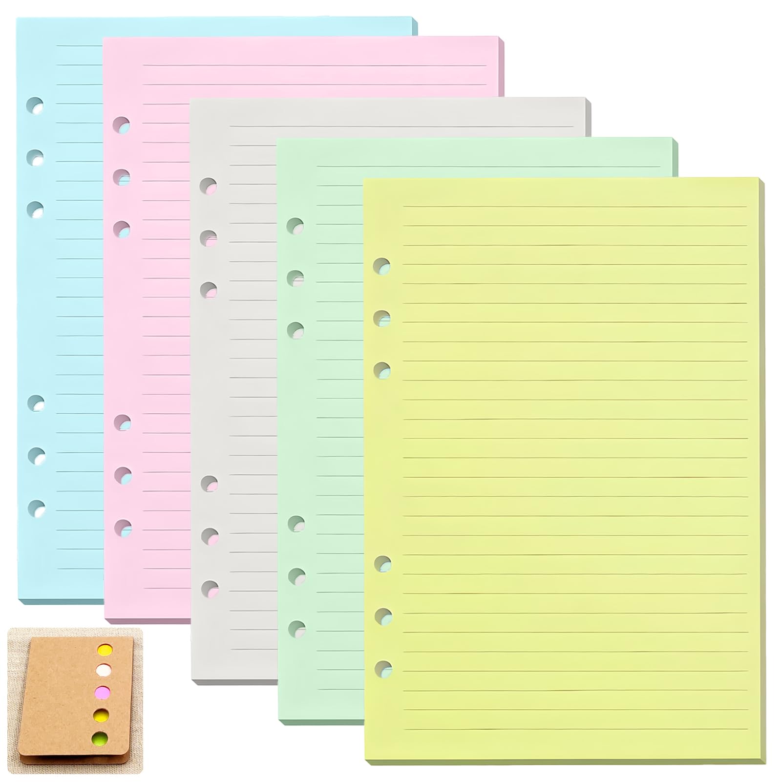 5 Pack A5 Binder Refill Paper, 100 Sheets Lined Filler Paper with 120 Sticky Notes, 6 Holes Loose Leaf Punched for A5 Notebook Binder Planner School Office, 5 Colours