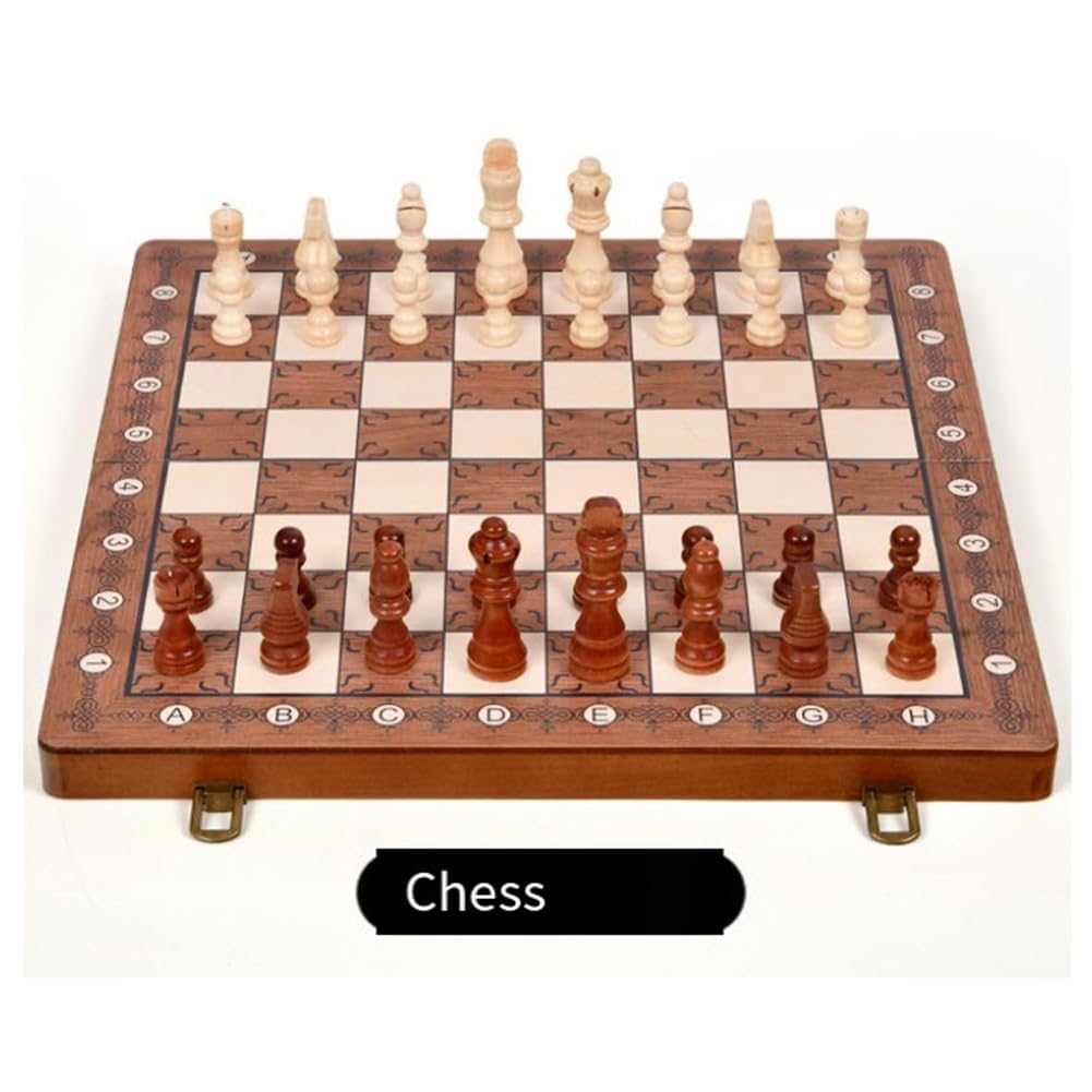 2-in-1 Foldable Magnetic Wooden Chess & Checkers Set, Portable Storage Board Tabletop Puzzle Game Toy