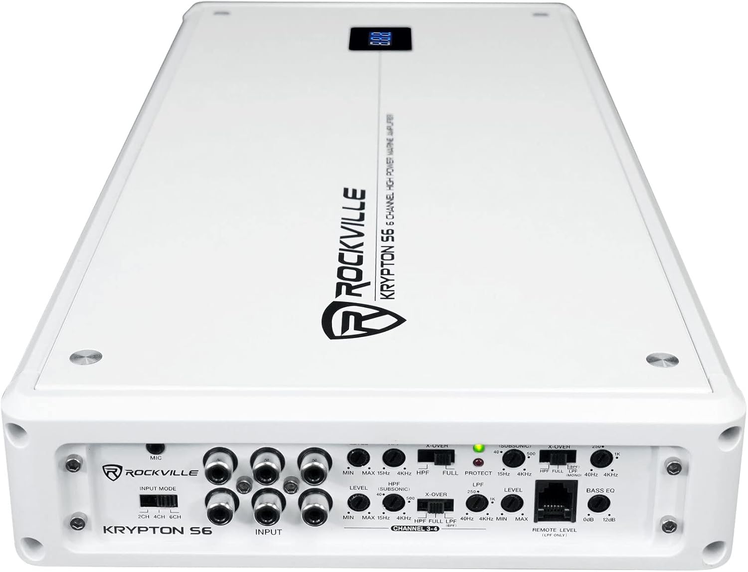 Rockville Krypton S6 2600W 6-Channel Marine Amplifier, Dyno-Certified RMS, PA Mic Included, Conformal Coated PCB, Adjustable Crossover, for Boat Audio Systems