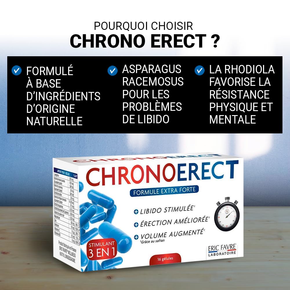 CHRONOERECT - Améliore Désir, Libido, Erection, Volume et Performances - Ingrédients Naturels dont L-Arginine, Ginseng, Safran, Zinc - 16 Gélules - Eric Favre