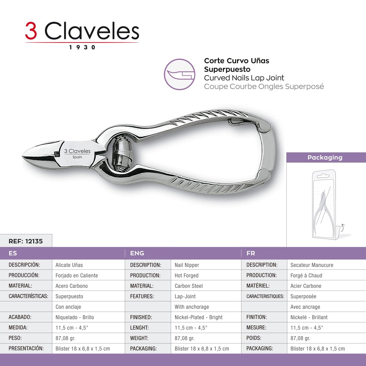 3 Claveles 12135 - Pinces à ongles, americano, inoxydable 11.5 cm