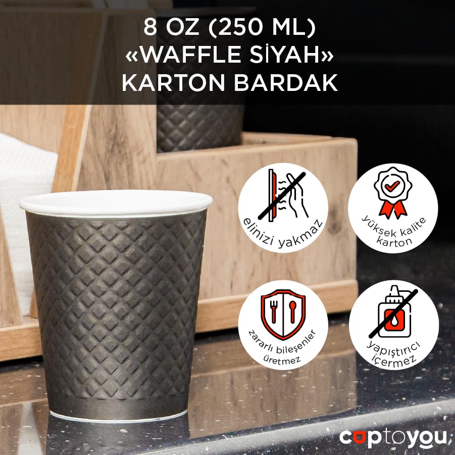 CUPTOYOU 25 adet siyah çift duvarlı kahve bardağı 8 oz, küçük kağıt çay bardakları 250 ml, soğuk ve sıcak içecekler, Waffle Siyah