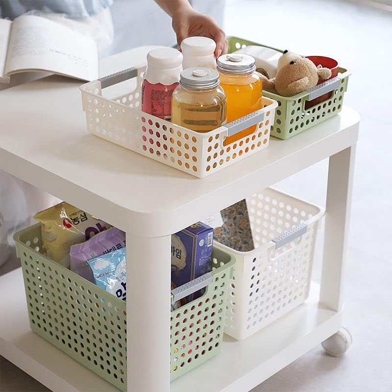 BSTMOME 4 Pack Plastic Storage Tray Basket, A4 Rectangular Plastic Shallow Basket, Great for Living Room, Office, Bathroom, Bedroom, 14 Inches x 10 Inches x 3.4 Inches (White)