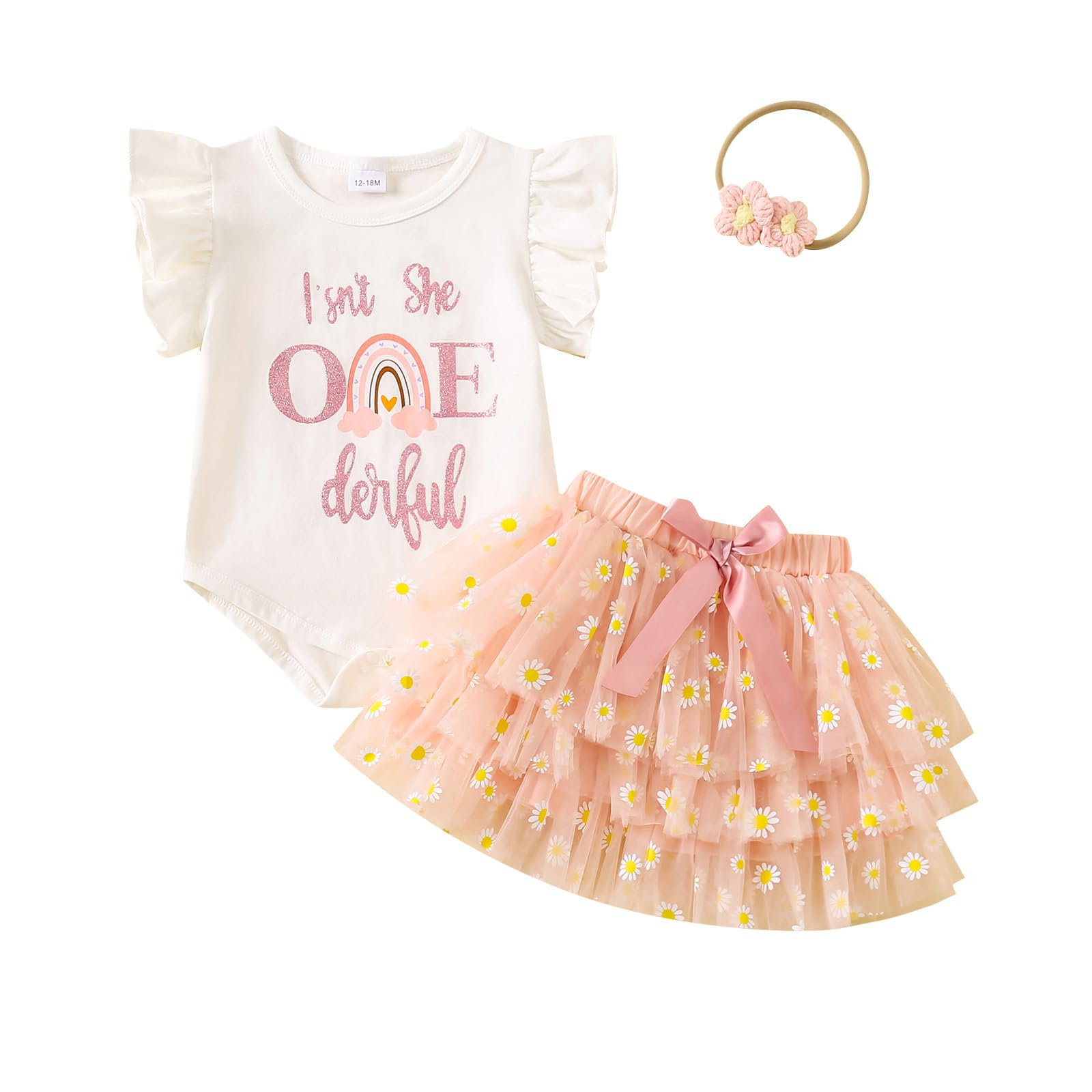 Thorn Tree Baby Girl 1st Birthday Clothes Ruffle Sleeve Romper Tulle Skirts Headband 3Pcs Cake Smash Outfits (White & Orange, 6-12 Months)