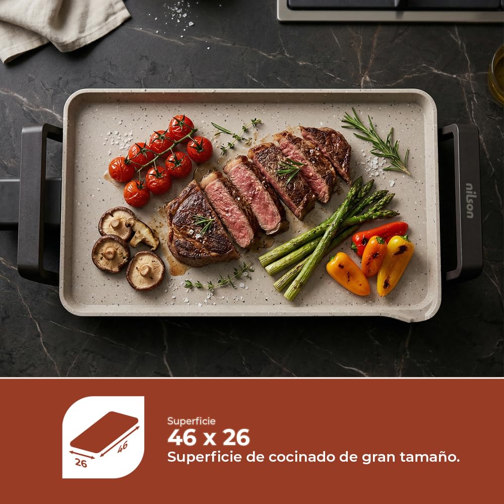 Plancha de Asar, Grill Eléctrico, 2550 W, Cocina Carnes, Verduras y Mariscos, Revestimiento Antiadherente, NPE533300L, Control de Temperatura, Superficie de Cocción 58x33 cm