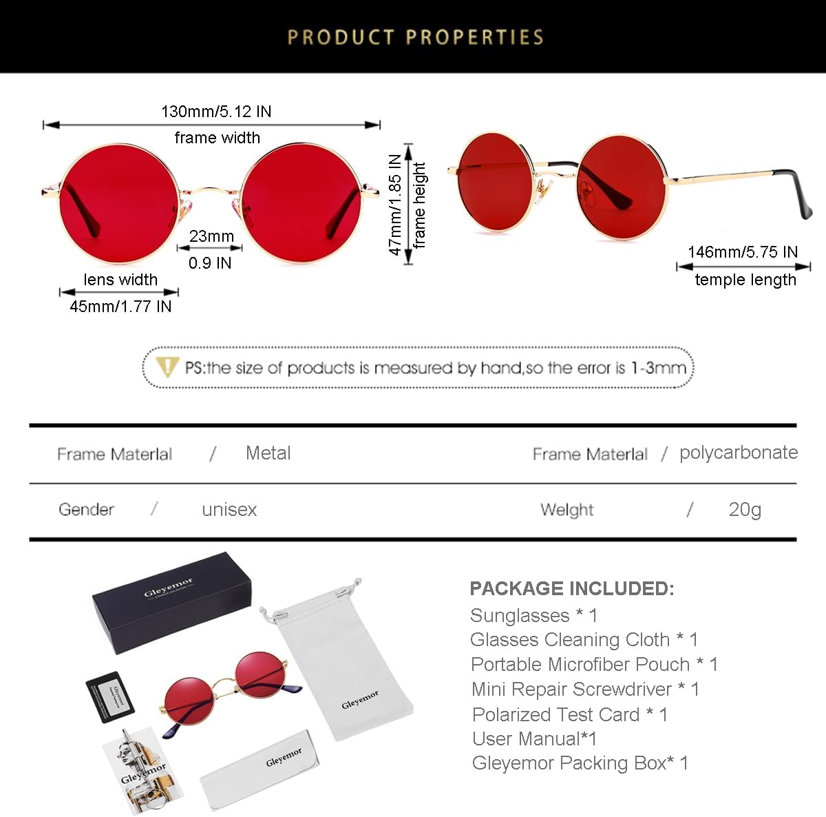 Gleyemor Polarized Round Sunglasses for Men Women Hippie Small Circle Glasses Red Yellow Lenses - Image 6