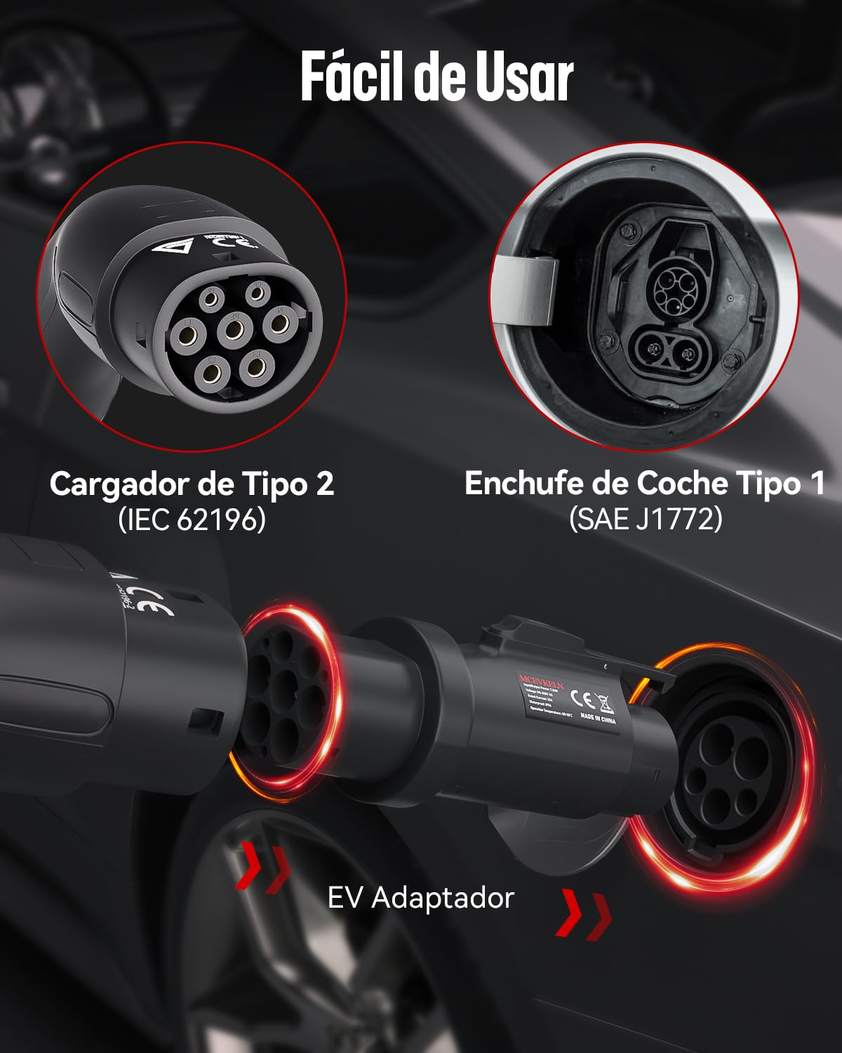EV Adaptador de Carga Tipo 2(IEC62196) a Tipo 1(SAE J1772) | 32A/16A EV Convertidor de Cable de Carga Tipo 2 a Tipo 1 Coche Eléctrico, sólo para los Vehículos Estándar Americano
