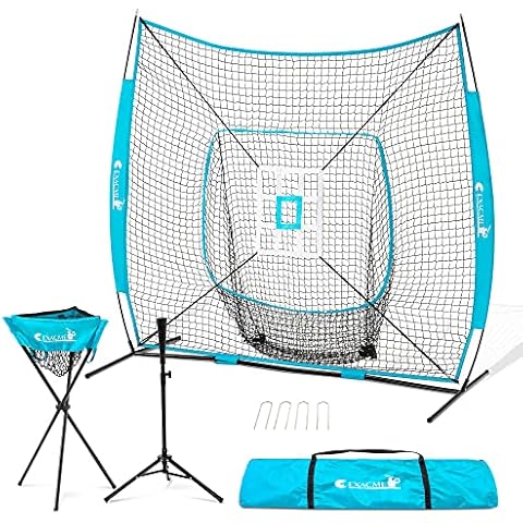 ExacMe 7×7 Baseball Softball Practice Nets, Pitching Hitting Batting Training Net with Tee Strike Zone Caddy Safety Anchor and Carry Bag, Light Blue Cover