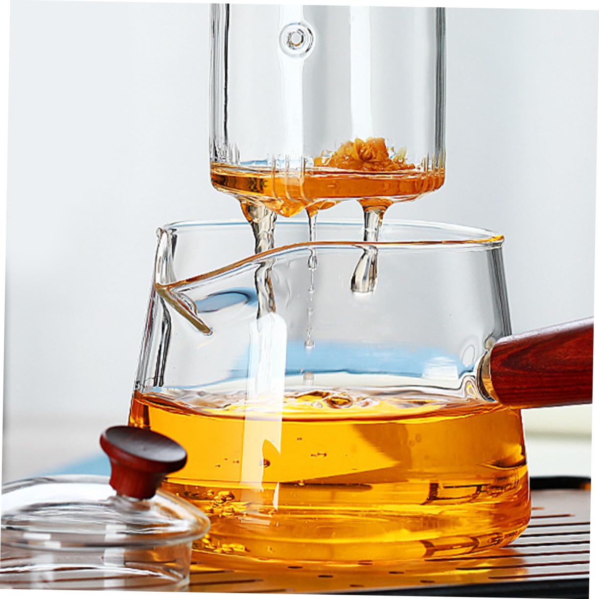 ULTECHNOVO Glas Teekanne Mit Sieb Für Tee Zubereitung Tragbar Für Haushaltsbedarf Transparent Mit Holzgriff Für Einfache Handhabung Und Reinigung