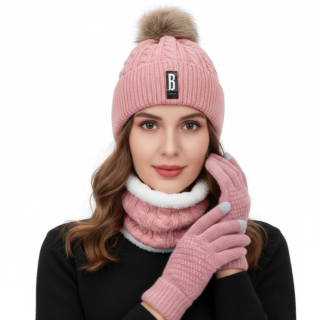 Winter Beanie Set for Women | Winter Cap, Neck Warmer Scarf & Touchscreen Gloves | Beanie Style | Ladies Pink-image-39