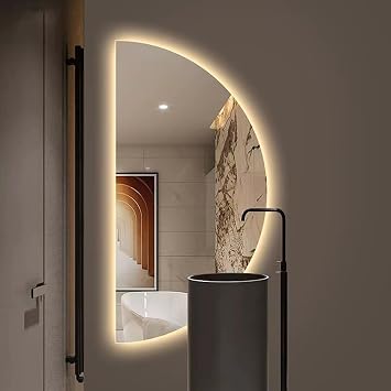 YVYKFZD Anti-Fog LED Bathroom Mirror, Semicircle Vanity Mirror, 3 Colors Dimmable Irregular Wall Mirror, Illuminated Smart Touch Half Moon Full Length Mirror Color R, Size 14"x28"/35x70cm