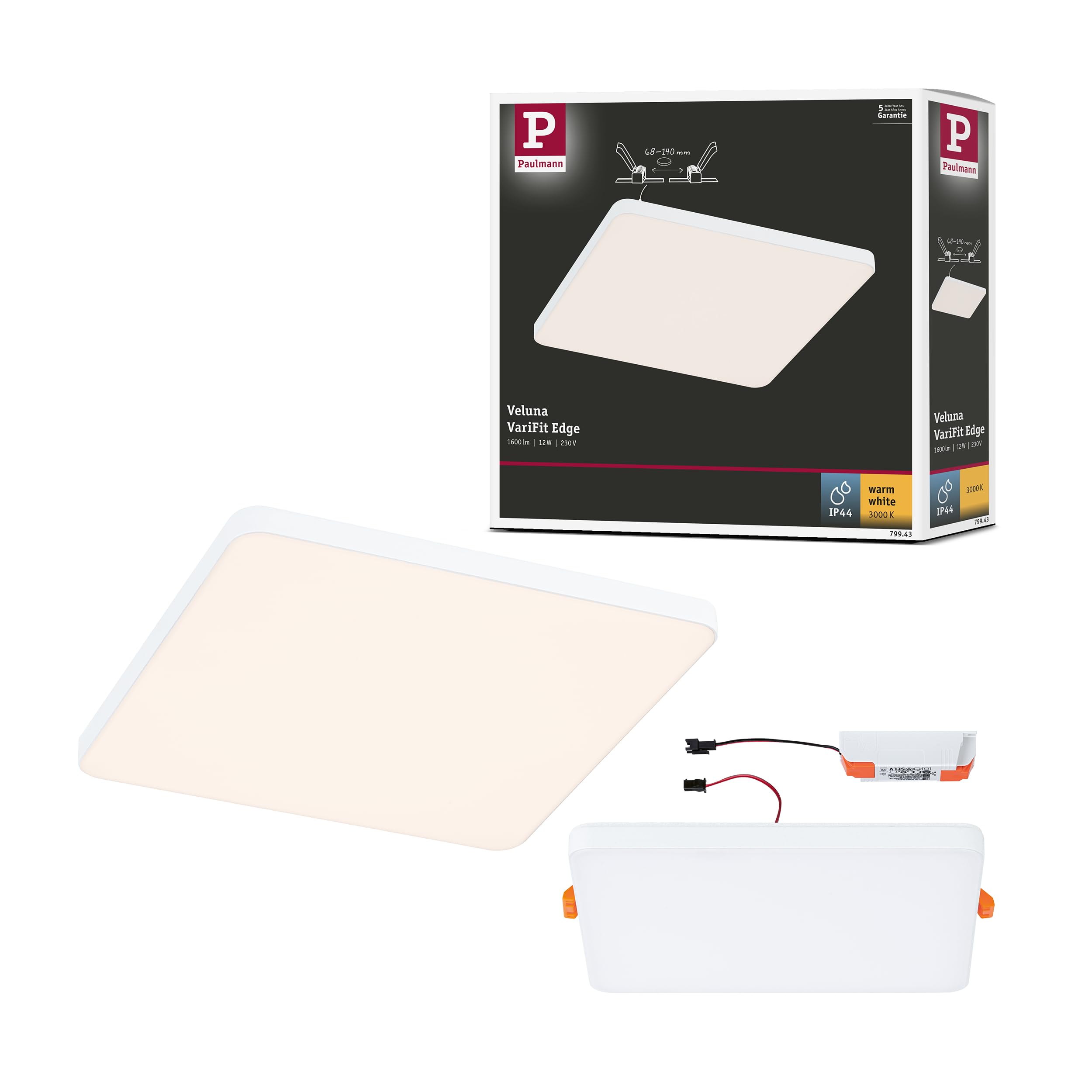 Paulmann 79943 LED recessed panels Veluna VariFit Edge 160x160mm angular Warm white White Plastic lighting system 3000 K
