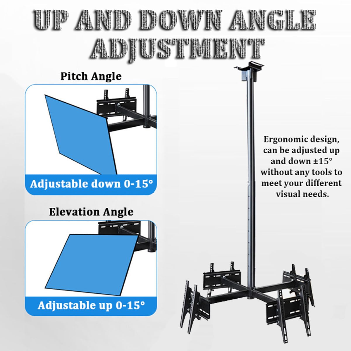 Soporte de TV de techo para 3 o 4 pantallas, compatible con la mayoría de televisores de 32 a 75 pulgadas, soporte de TV de techo ajustable y giratorio de 360°,4screen