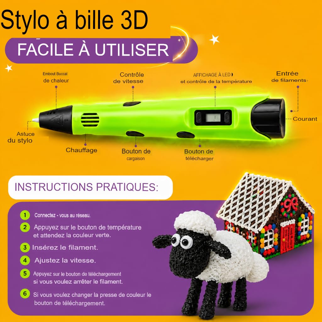 Stylo 3D de précision | Kit Complet avec 45 m de Filament PLA (15 Couleurs) et 3 Couleurs Fluorescentes | Vitesse réglable | Outil pour travaux manuels et réparations