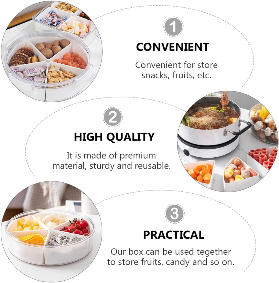 DOITOOL Divided Snack Tray with Lid, round 5-compartment Candy and Dried Fruit Container for Living Room and Party Food Storage