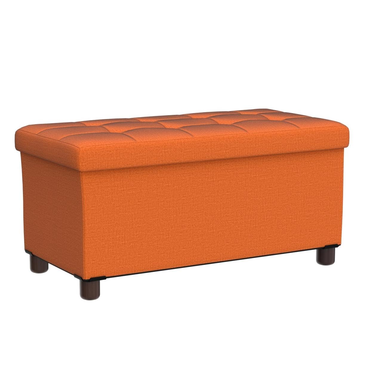 30 Inches Storage Ottoman Bench, Storage Bench with Wooden Legs for Living Room Ottoman Foot Rest Removeable Lid for Bedroom End of Bed, Linen Fabric, Orange