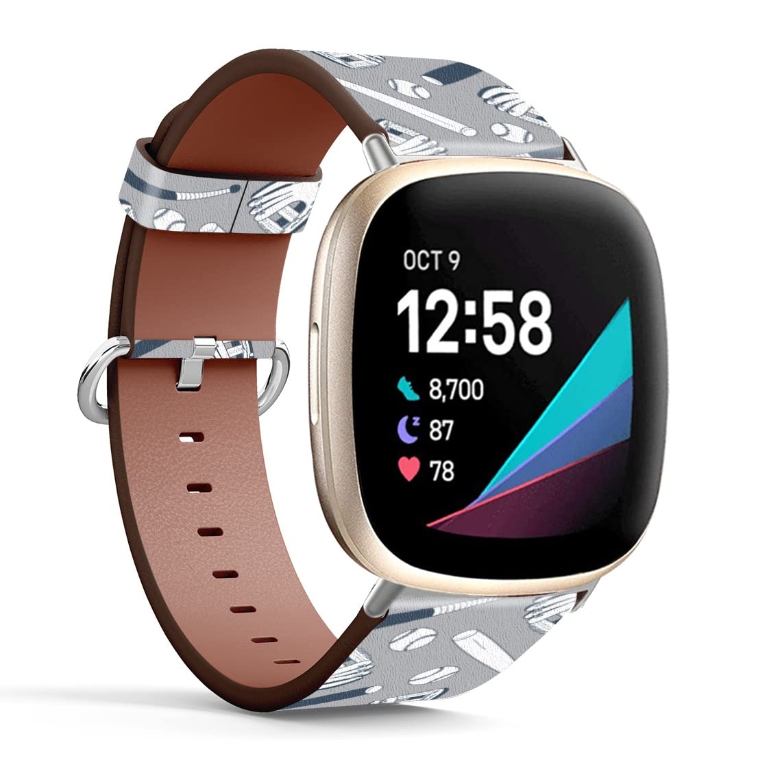 Mingdao Compatible with Fitbit Sense 2 / Sense/Versa 4 / Versa 3 Patterned Leather Replacement Band (Cartoon Illustration Baseball Doodle)