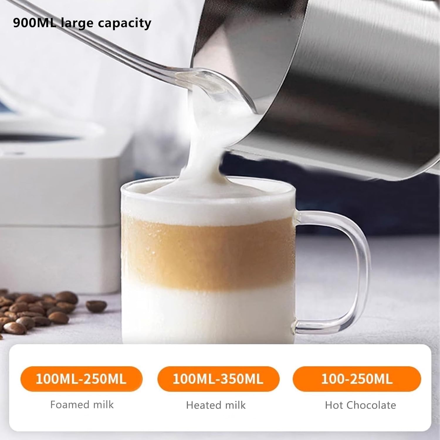 Full-Automatic Steam Boiling Water Frothing Machine,4 in 1 Milk Steamer,900ml Steam Milk Frother Machine，Hot and Cold Foam Maker and Milk Warmer for Latte, Cappuccinos, Macchiato