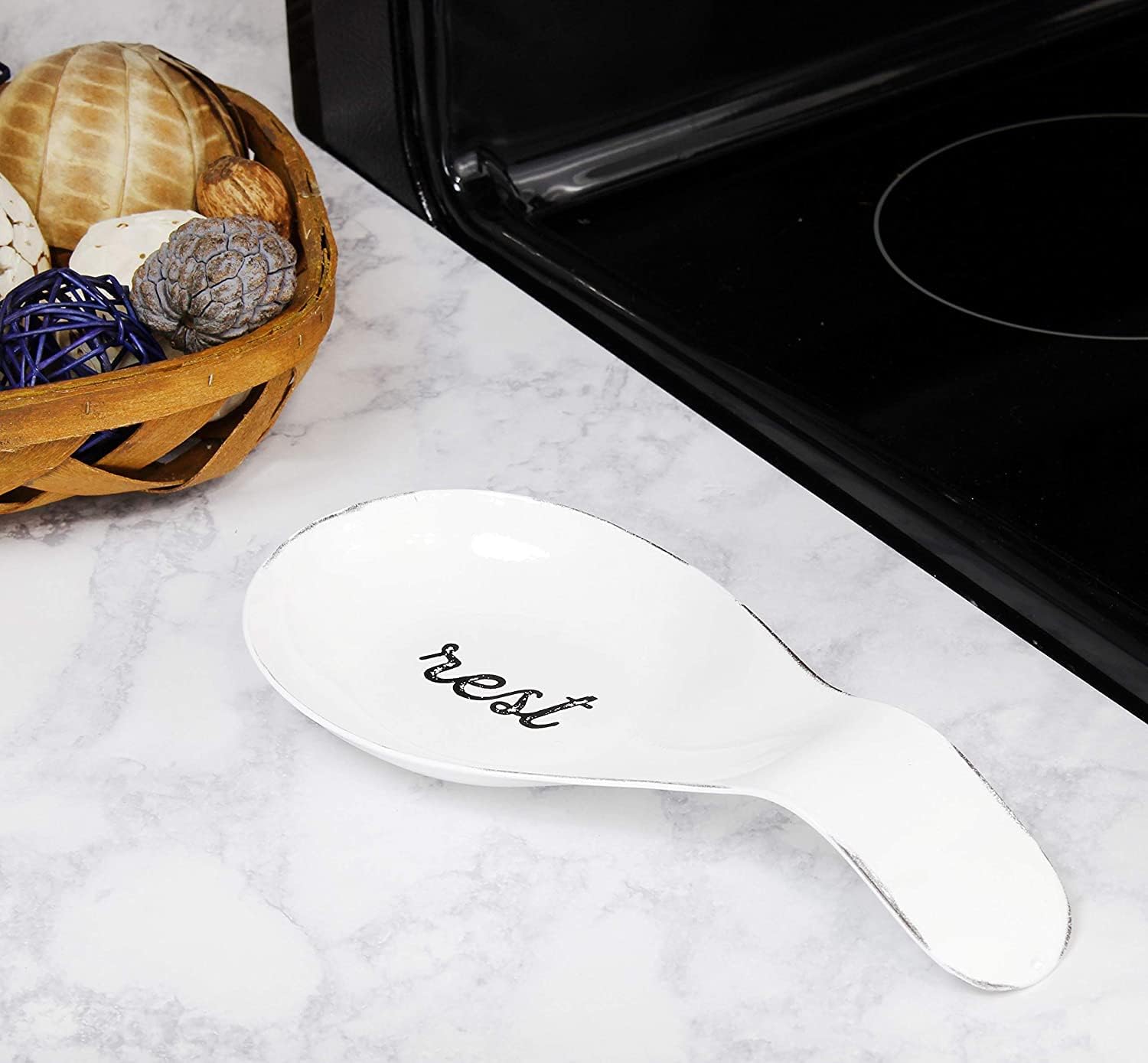 AuldHome Farmhouse White Spoon Rest, Distressed Enamel Ceramic Spoon Holder in Rustic Style