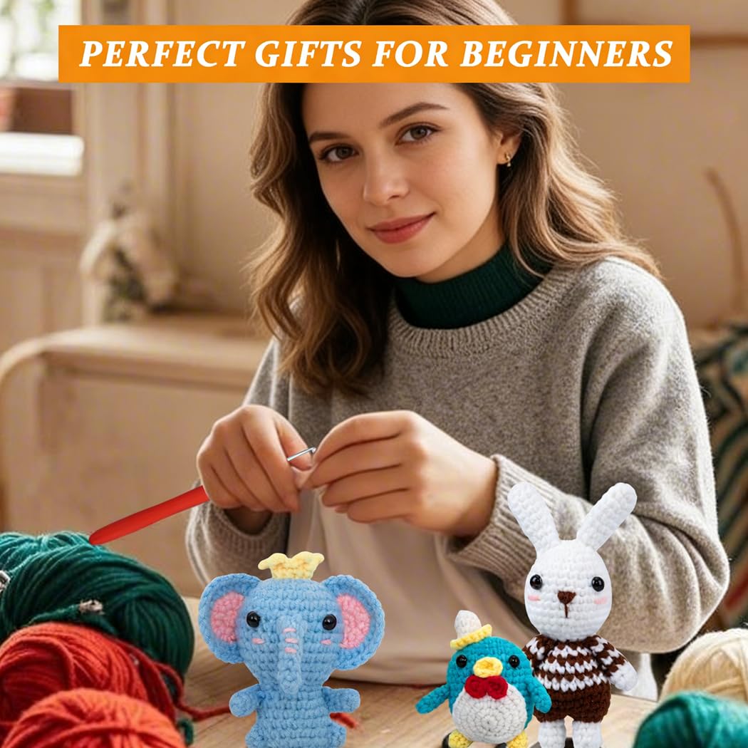 Kit de ganchillo de animales – Kit de ganchillo de 6 piezas para principiantes, kit de tejer para niños con videos paso a paso, hilo, gancho de ganchillo, kit de tejer para principiantes, gran regalo