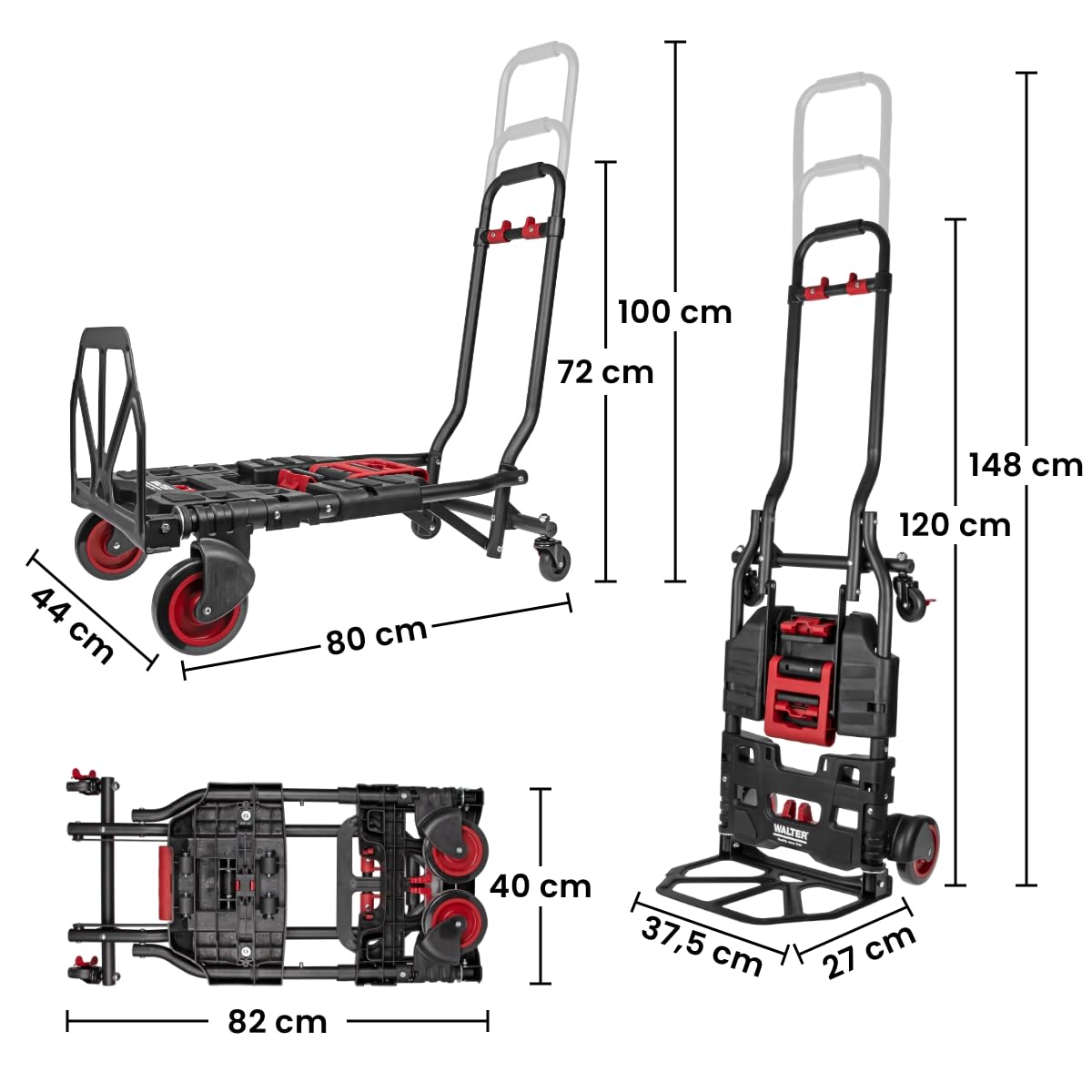 WALTER 2-in-1 Transportwagen & Transportkarre – 150 kg Tragkraft, ausziehbarer Griff, Feststellbremse, elastische Fixierbänder, klappbar