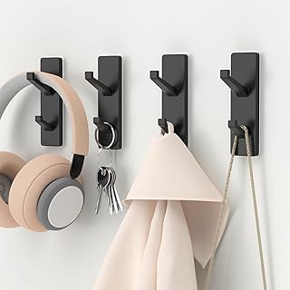 4-Pack Black Adhesive Hooks, Sticky Hooks Extra Strong,Heavy Duty Stick On Wall Door Hooks for Hanging,Bathroom Tower Hooks,Coat Hooks Robe Hook Wall Mounted, Kitchen Hallway Hooks,Stainless